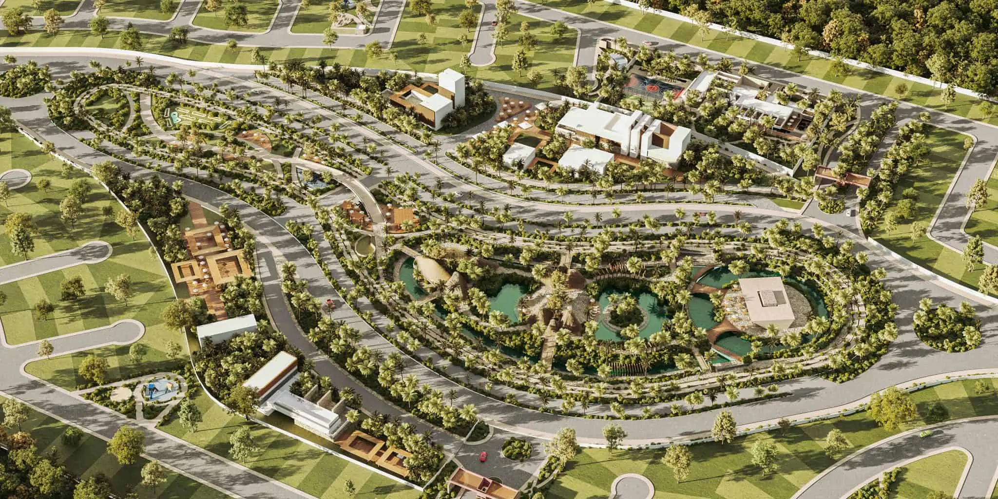 Vista aérea de un desarrollo residencial en Telchac, Yucatán, mostrando terrenos listos para construir, rodeados de vegetación y muy cerca de las playas turquesas del Golfo de México. Una excelente opción para invertir en bienes raíces con alta plusvalía.